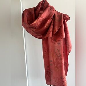 SOLD 100% Silk Scarf Stole Wrap Japanese Style Rust Orange 🍊 Gold Leaves 🍂 82"